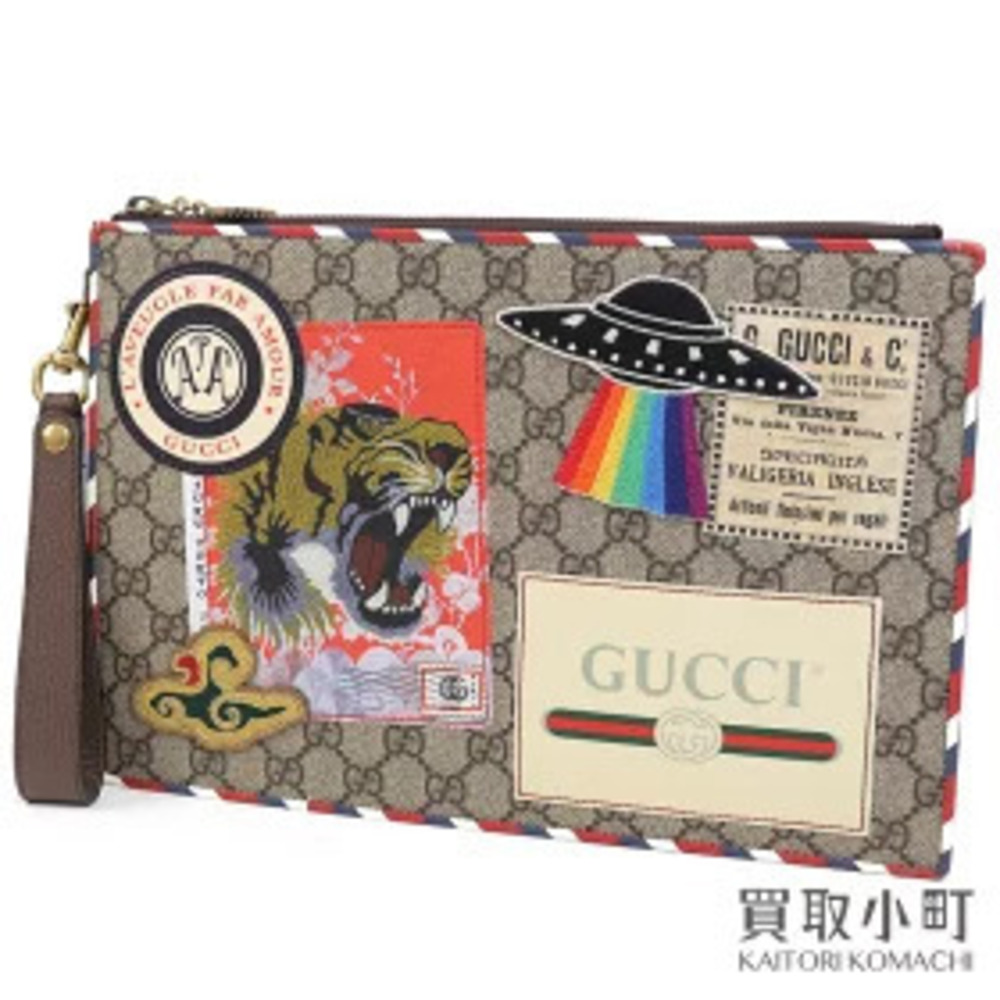 Gucci Courier GG Supreme Clutch Bag Embroidered Applique Tiger Patch Beige